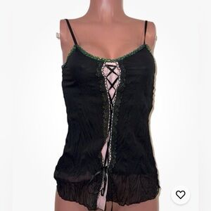 Chic Black Lace-Up Camisole with Green Trim